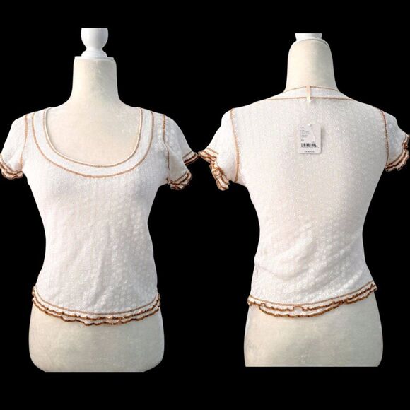 Free People Garner Baby Tee Blouse Top White Short Sleeve Lettuce Hem Cotton XS - Picture 1 of 9